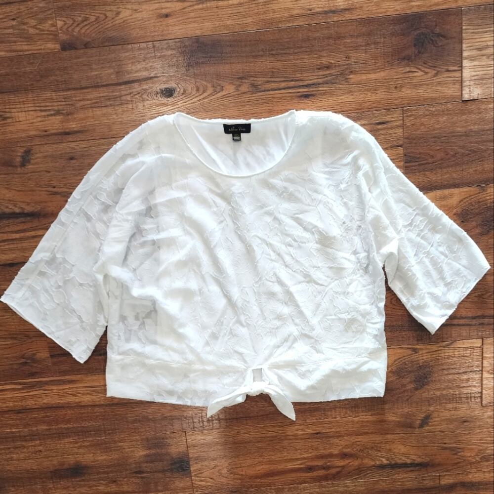 Melissa Paige Women's White Floral Textured Half Sleeve Pullover Lined Top Large